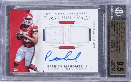 2017 Panini National Treasures Rookie NFL Gear Dual Materials Signatures #RSC-PM Patrick Mahomes II Signed Patch Rookie Card (#40/99) - BGS GEM MINT 9.5/BGS 10
